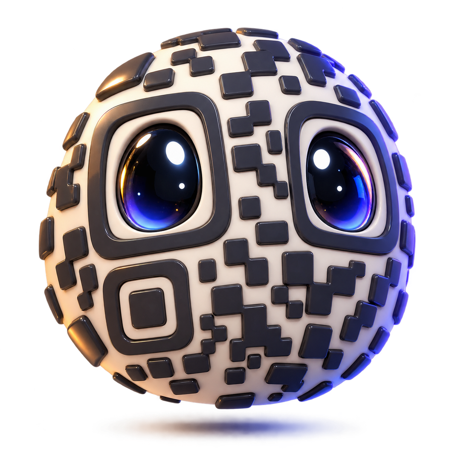 Sigil, a friendly sphere made of QR code blocks with two large glossy eyes