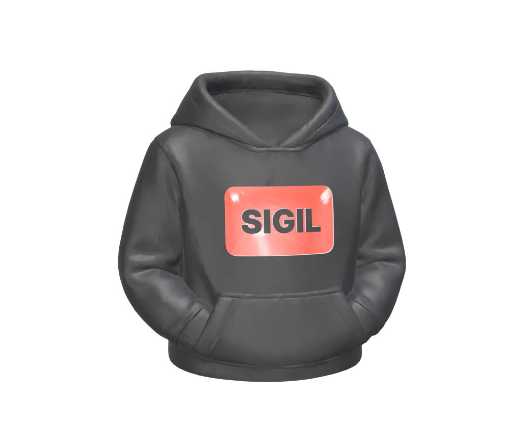 A black 3D-printed hoodie pen holder with SIGIL cut into a red badge on the chest