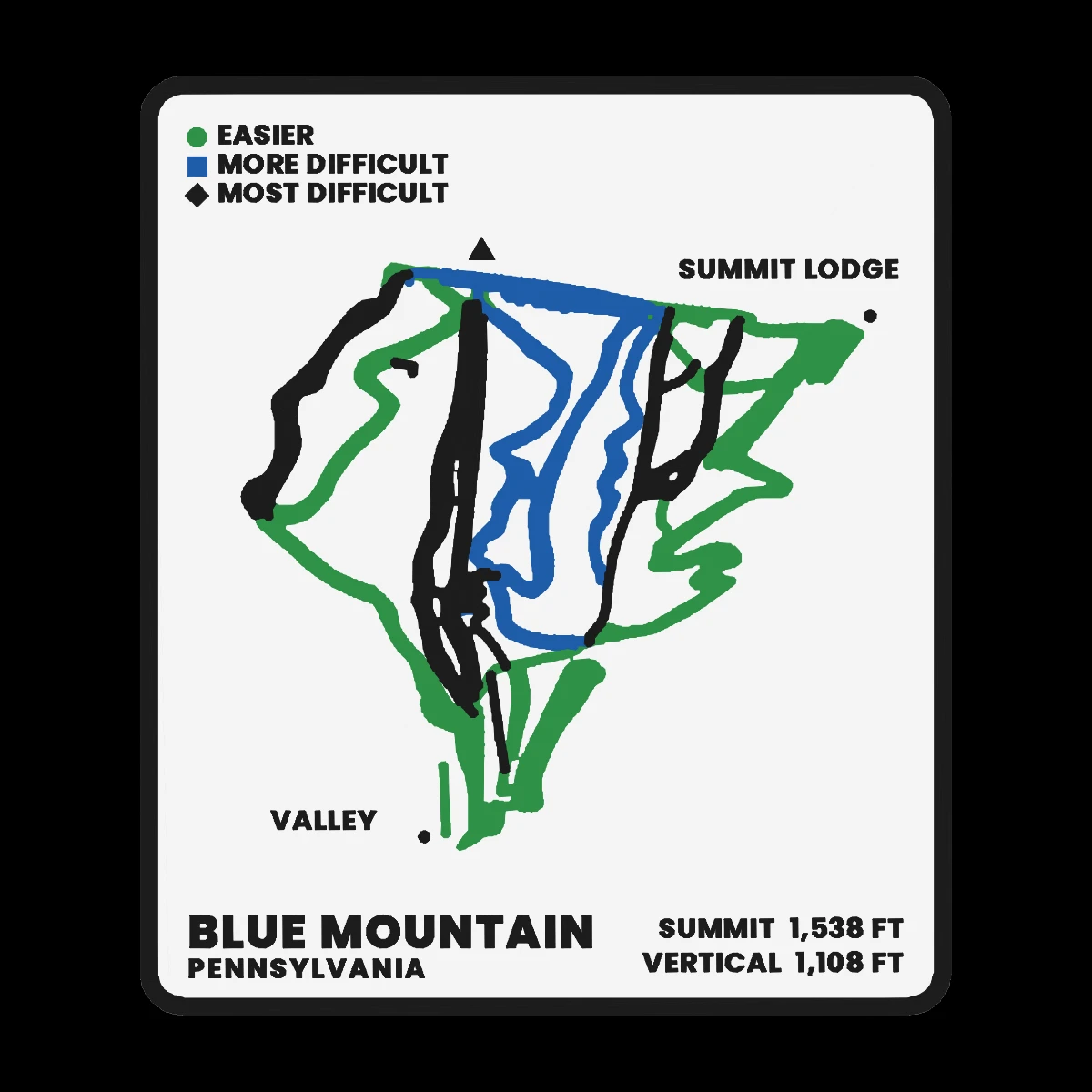 A printed Blue Mountain ski trail-map plaque: every run cut into a pale face and filled green, blue or black by difficulty, inside a raised black frame, with a difficulty legend, the named base areas, and BLUE MOUNTAIN with its summit and vertical figures along the bottom.