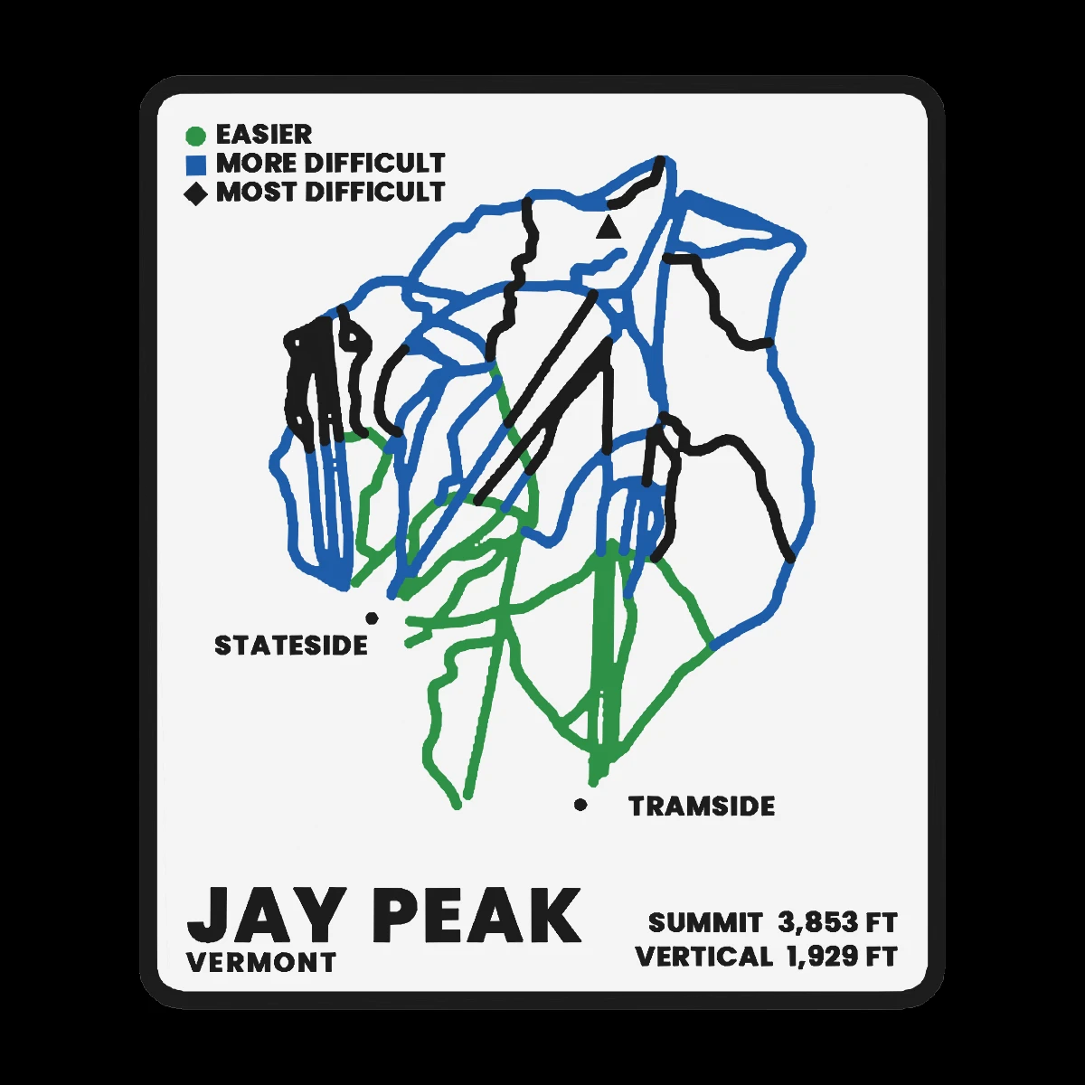 A printed Jay Peak ski trail-map plaque: every run cut into a pale face and filled green, blue or black by difficulty, inside a raised black frame, with a difficulty legend, the named base areas, and JAY PEAK with its summit and vertical figures along the bottom.