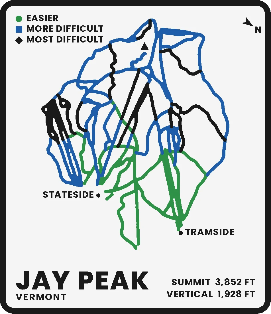 A rendered Jay Peak trail-map plaque in the SIGIL palette style.