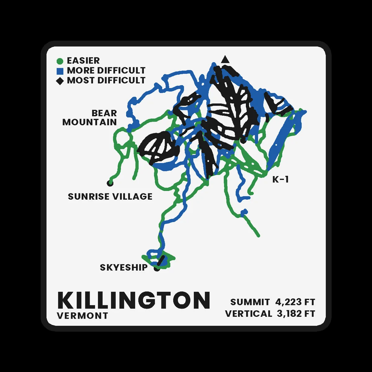 A printed Killington ski trail-map plaque: every run cut into a pale face and filled green, blue or black by difficulty, inside a raised black frame, with a difficulty legend, the named base areas, and KILLINGTON with its summit and vertical figures along the bottom.