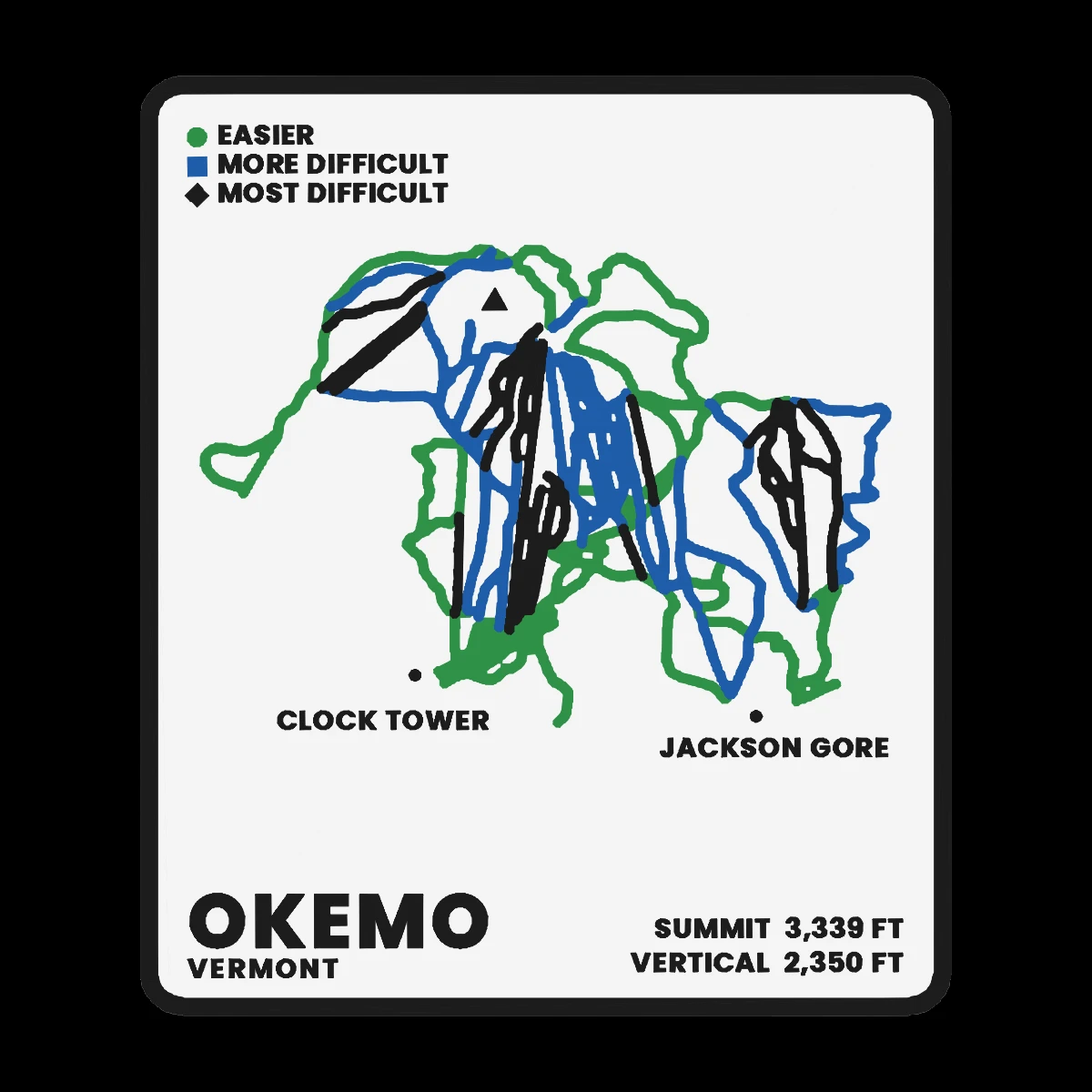 A printed Okemo ski trail-map plaque: every run cut into a pale face and filled green, blue or black by difficulty, inside a raised black frame, with a difficulty legend, the named base areas, and OKEMO with its summit and vertical figures along the bottom.