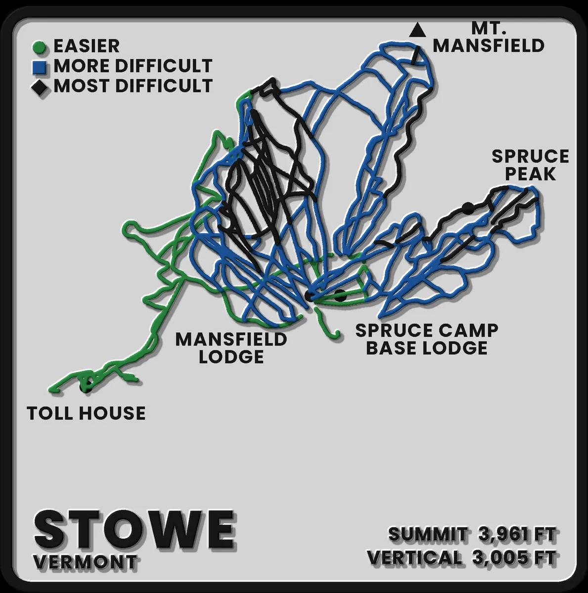 A printed Stowe ski trail-map plaque: every run cut into a pale face and filled green, blue or black by difficulty, inside a raised black frame, with a difficulty legend, the named base areas, and STOWE with its summit and vertical figures along the bottom.