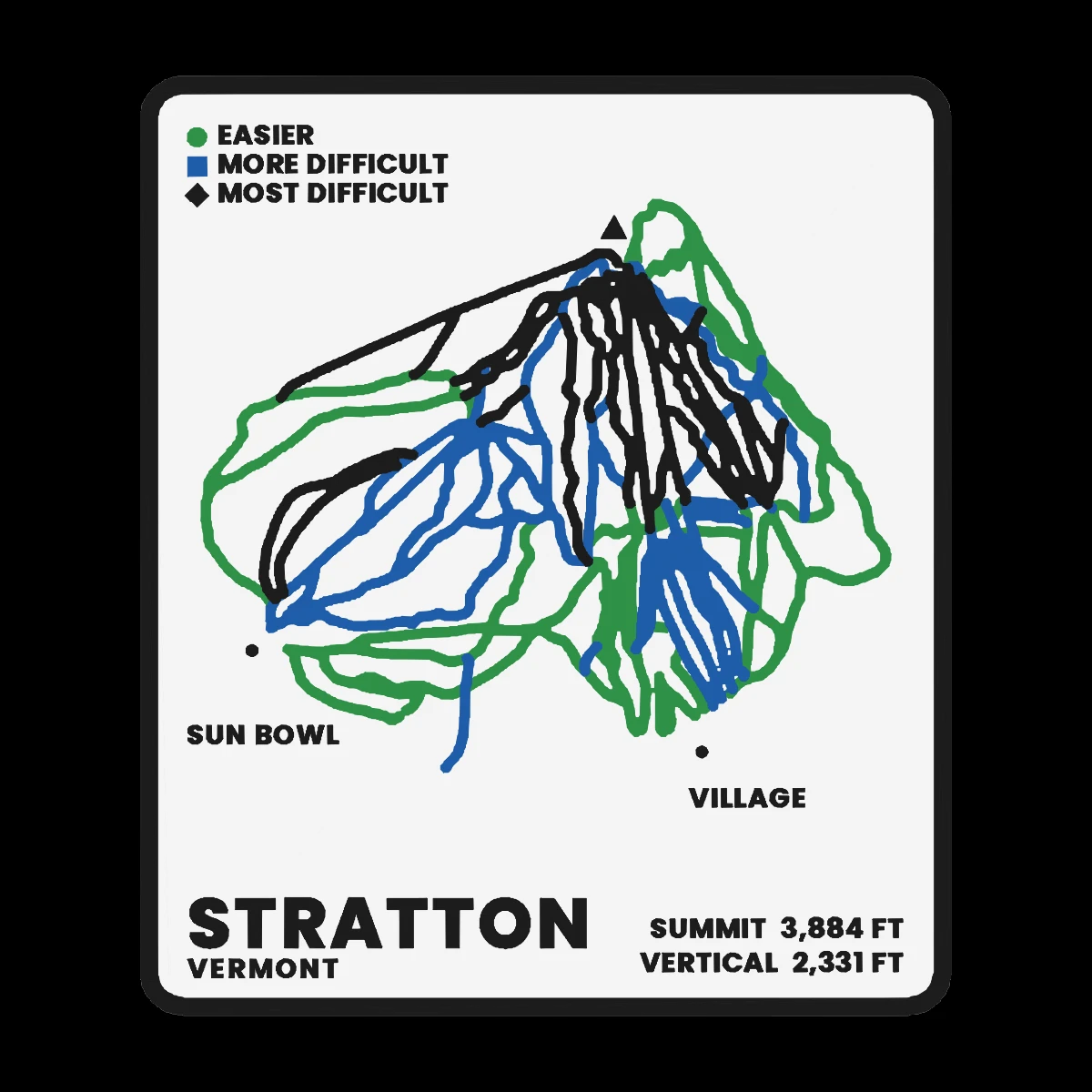 A printed Stratton ski trail-map plaque: every run cut into a pale face and filled green, blue or black by difficulty, inside a raised black frame, with a difficulty legend, the named base areas, and STRATTON with its summit and vertical figures along the bottom.